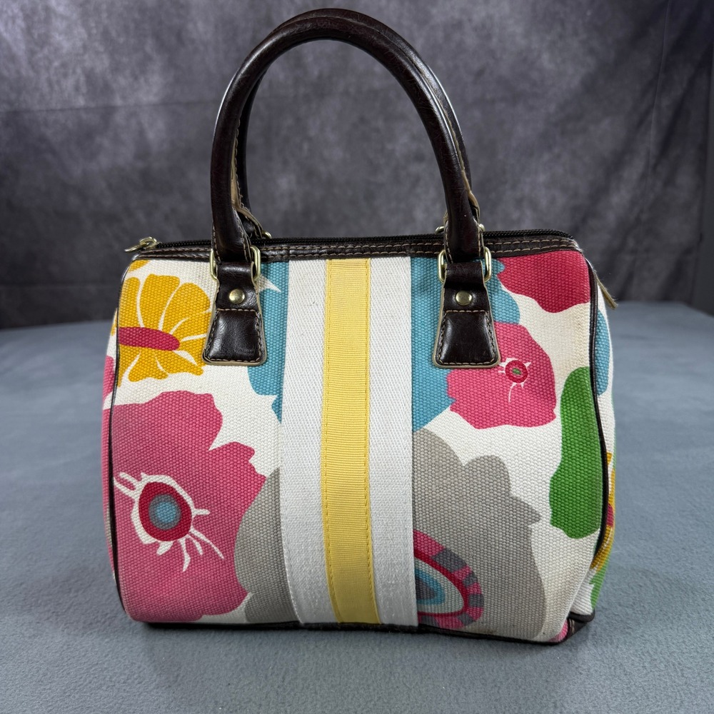 Vintage Victoria's Secret Floral Canvas Satchel Bag Brown Trim Multi Color